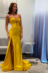 Yellow Mermaid Sweetheart Long Satin Prom Dress with Slit