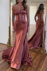 Yellow Mermaid Sweetheart Long Satin Prom Dress with Slit