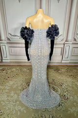 Strapless Mermaid Prom Dress Silver Beaded Evening Dress