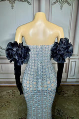 Strapless Mermaid Prom Dress Silver Beaded Evening Dress