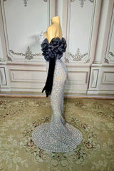 Strapless Mermaid Prom Dress Silver Beaded Evening Dress