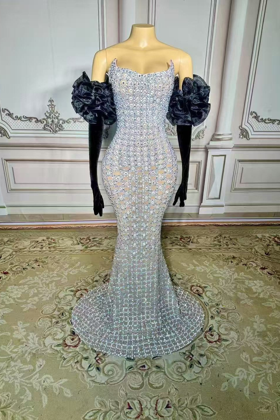 Strapless Mermaid Prom Dress Silver Beaded Evening Dress