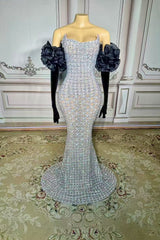 Strapless Mermaid Prom Dress Silver Beaded Evening Dress