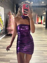 Dressystars Strapless Metallic Bodycon Homecoming Dress with Flower