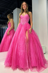 Strapless Prom Dress Beaded Ball Gown with Split in Hot Pink Evening Dress