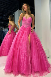 Strapless Prom Dress Beaded Ball Gown with Split in Hot Pink Evening Dress