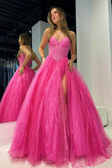 Strapless Prom Dress Beaded Ball Gown with Split in Hot Pink Evening Dress
