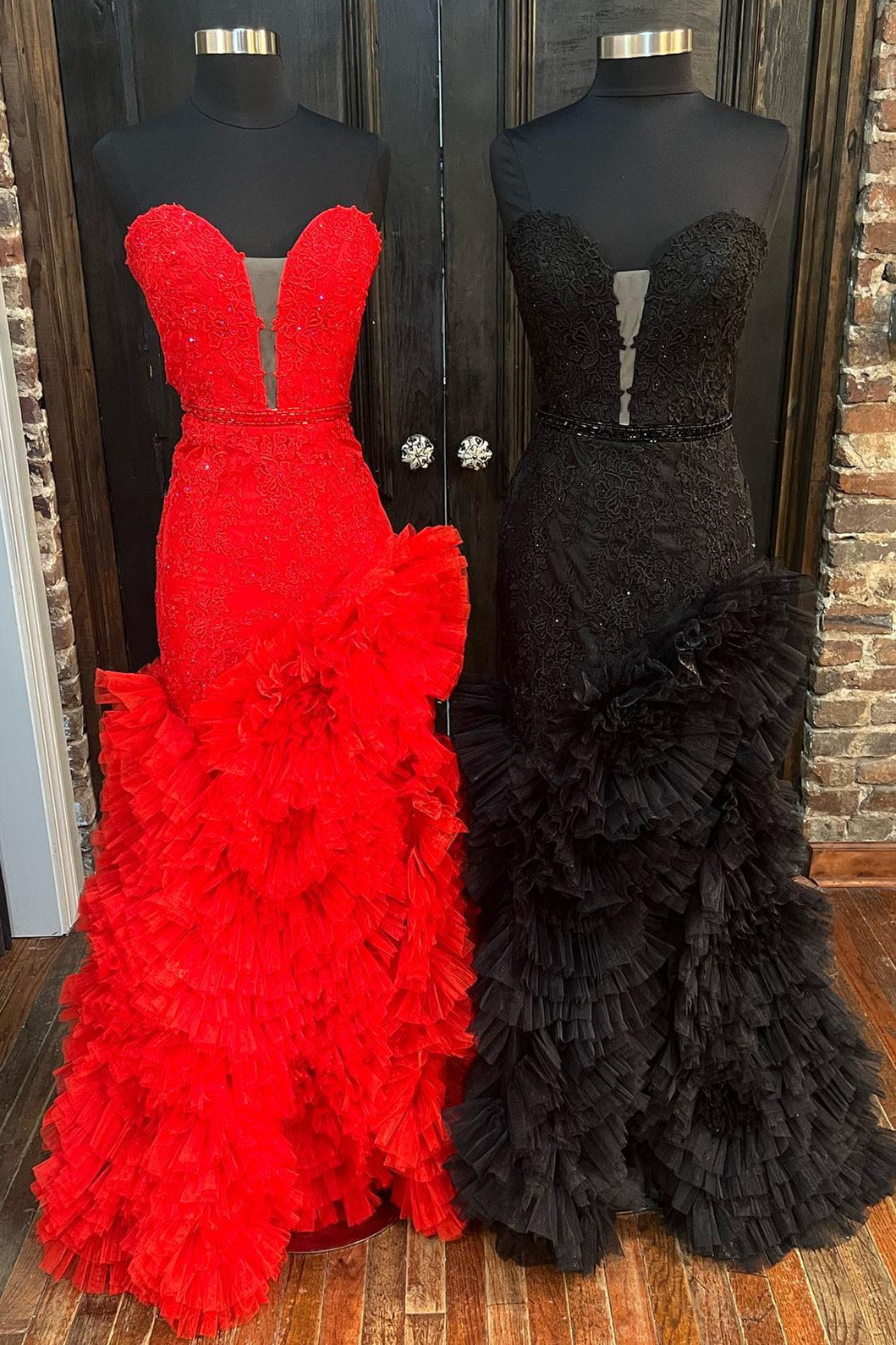 Strapless Prom Dress Cut Out Back Ruffle Layers Mermaid Evening Dress