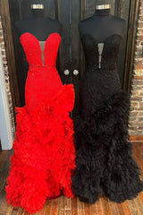 Strapless Prom Dress Cut Out Back Ruffle Layers Mermaid Evening Dress