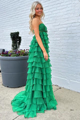 Strapless Prom Dress High Waist Ruffle Tiered Long Evening Dress with Bow