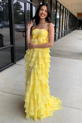 Strapless Prom Dress High Waist Ruffle Tiered Long Evening Dress with Bow
