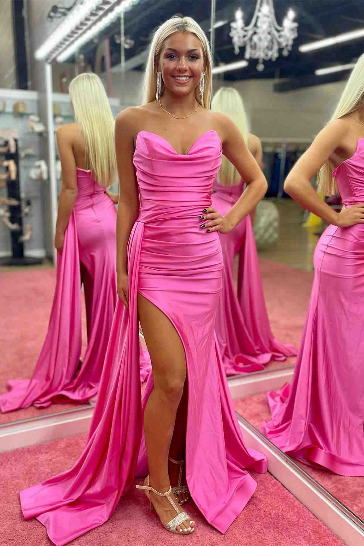 Strapless Prom Dress Hot Pink Pleated Long Elegant Evening Dress with Split