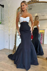 Strapless Prom Dress Ivory and Black Ruched Mermaid Evening Dress