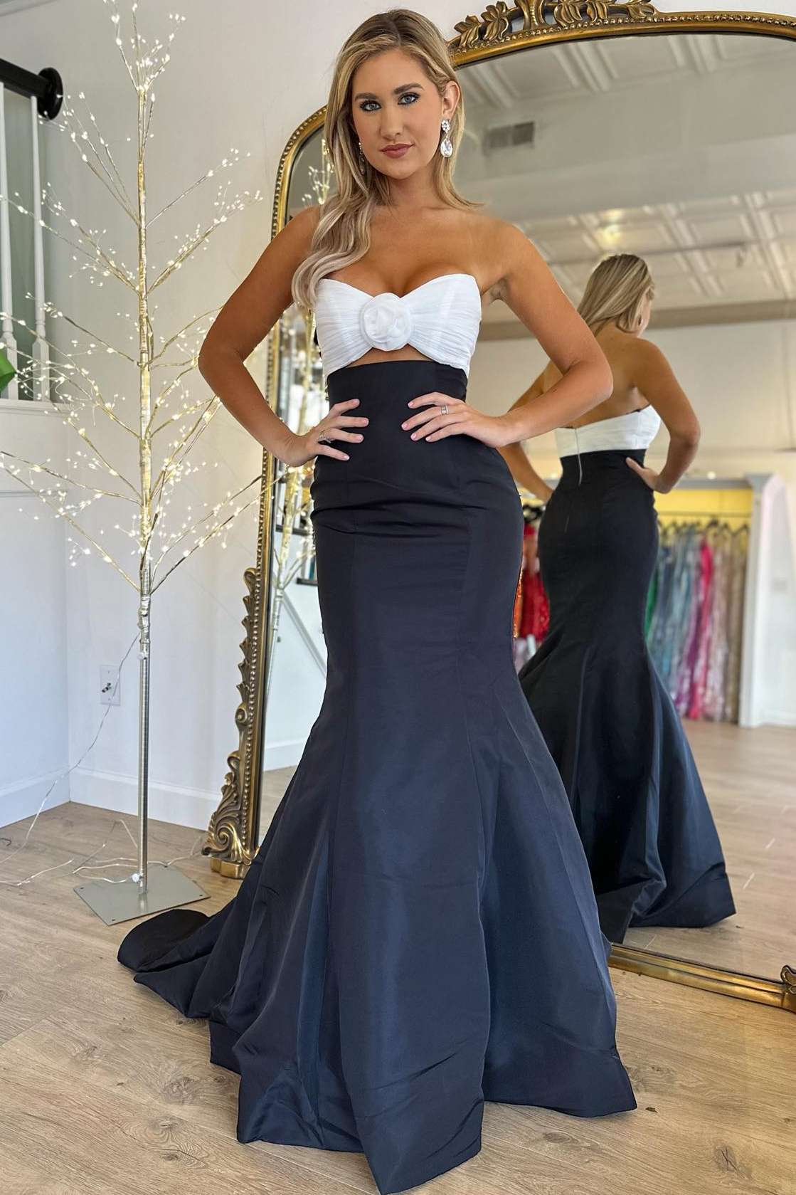 Strapless Prom Dress Ivory and Black Ruched Mermaid Evening Dress