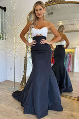 Strapless Prom Dress Ivory and Black Ruched Mermaid Evening Dress