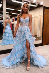 Strapless Prom Dress Light Blue Ruffle Tiered Long Evening Dress With Split
