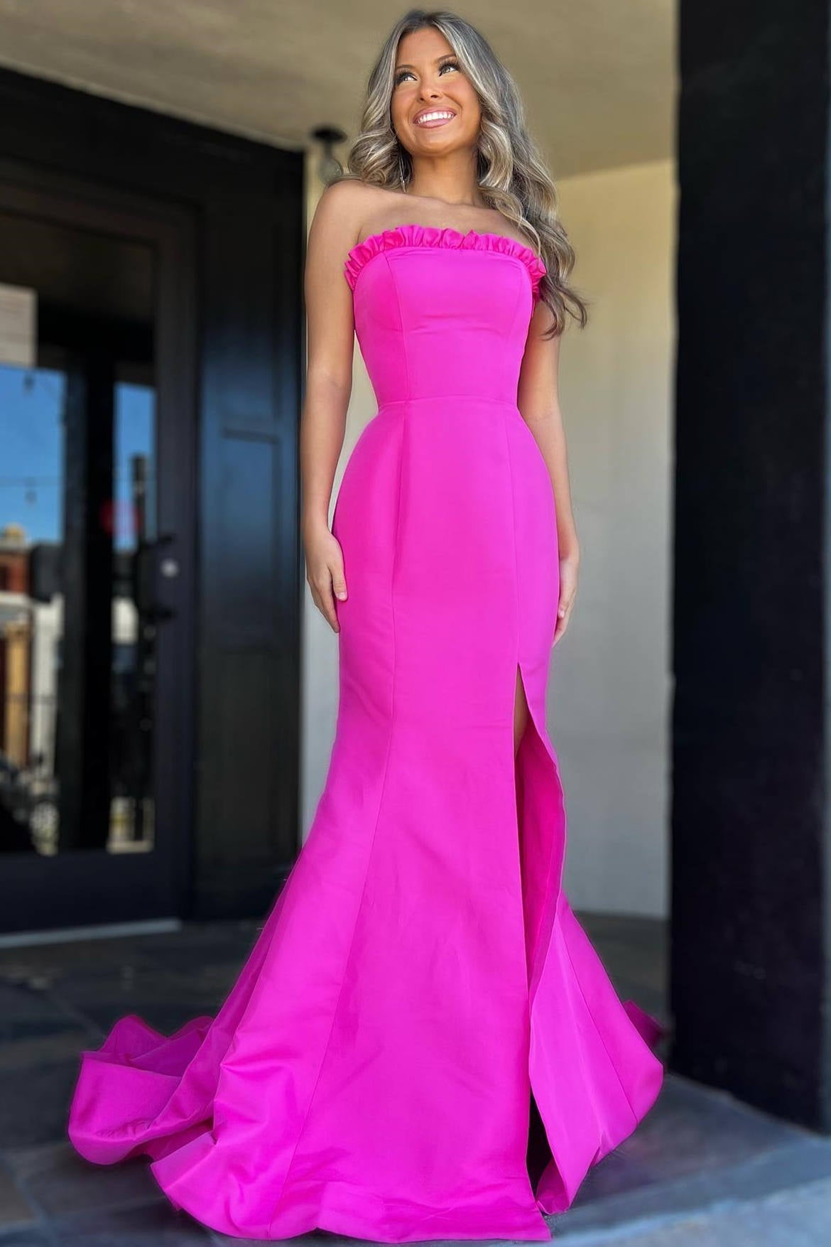 Strapless Prom Dress Maganta Ruffle Mermaid Split Long Evening Dress