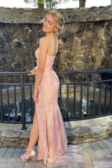 Strapless Prom Dress Mermaid Lace Long Evening Dress with Split