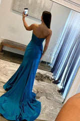 Off the Shoulder Prom Dress Sweetheart Neck Satin Lace Blue Long Evening Dress