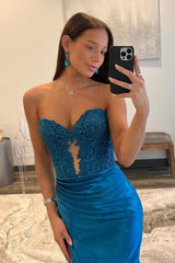 Off the Shoulder Prom Dress Sweetheart Neck Satin Lace Blue Long Evening Dress