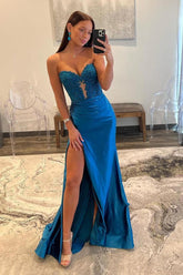 Off the Shoulder Prom Dress Sweetheart Neck Satin Lace Blue Long Evening Dress