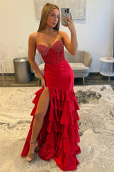 Strapless Red Prom Dress With Beaded Corset Bodice And Tiered Ruffle Skirt Formal Evening Gown