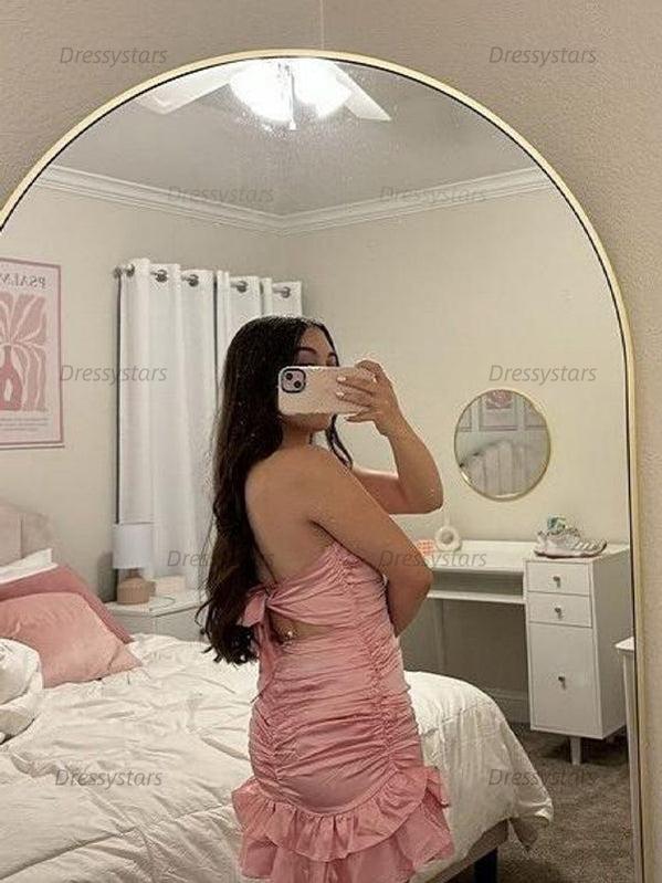 Dressystars Strapless Ruched Bow Back Homecoming Dress with Ruffle