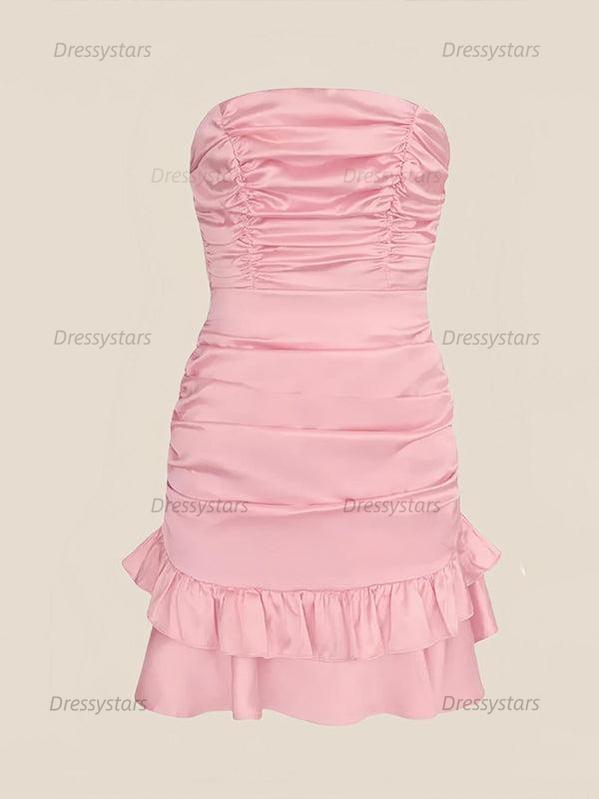 Dressystars Strapless Ruched Bow Back Homecoming Dress with Ruffle