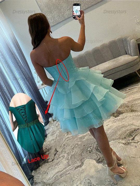 Dressystars Strapless Ruffle Tiered Short Homecoming Dress with Crystal