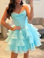 Dressystars Strapless Ruffle Tiered Short Homecoming Dress with Crystal