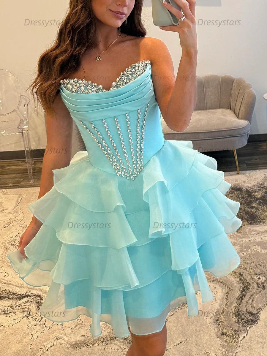 Dressystars Strapless Ruffle Tiered Short Homecoming Dress with Crystal