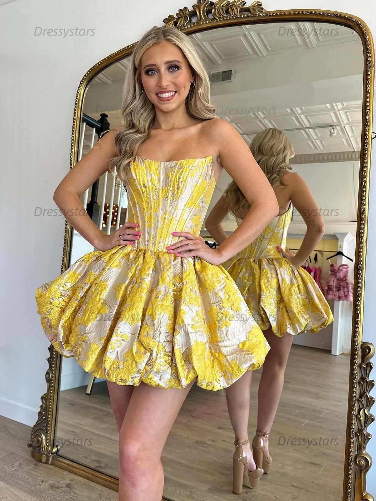 Dressystars Strapless Satin Corset Floral Print Short Homecoming Dress