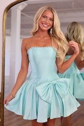 Dressystars Strapless Satin Homecoming Dresses Mini Cocktail Dresses with Oversized Waist Bow