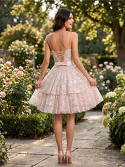 Dressystars Strapless Sequined Layered Tulle Mini Dress with Waist Bow Homecoming Dresses