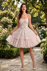 Strapless Sequined Layered Tulle Mini Dress with Waist Bow Homecoming Dresses