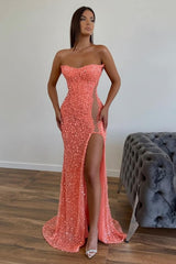 Strapless Sequined Prom Dress Mermaid Beaded Evening Dress With Split