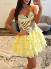 Dressystars Strapless Sheer Bodice Tiered Short Homecoming Dress with Crystal