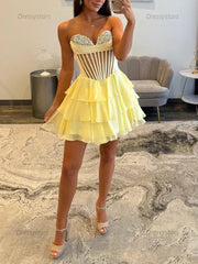 Dressystars Strapless Sheer Bodice Tiered Short Homecoming Dress with Crystal
