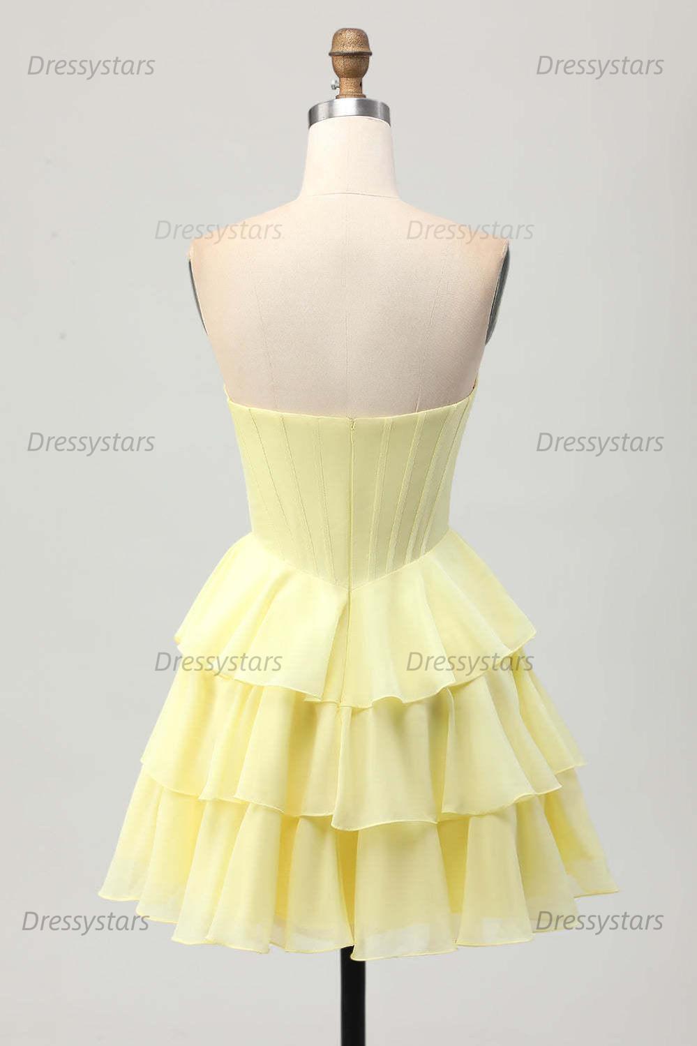 Dressystars Strapless Sheer Bodice Tiered Short Homecoming Dress with Crystal