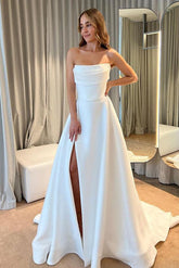 Strapless Sleeveless Satin Wedding Dress With Split Front