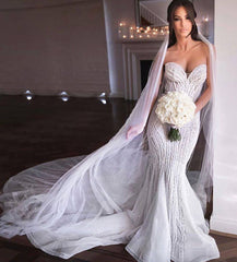 Strapless Sweetheart Beaded Mermaid Wedding Dress Appliques Tulle Bridal Dress