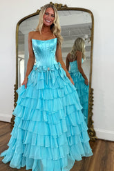 Strapless Tiered Princess A-Line Prom Dress With Slit And Bow Formal Evening Gown
