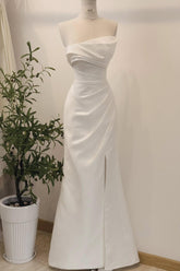 Strapless Wedding Dress Sheath Satin Bridal Gown with Slit