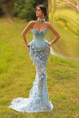 Strapless Prom Dress Tulle Mermaid Formal Dress with 3D Flowers