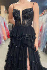 Straps Black Prom Dress Mesh Cutout Sequined Layered Long Evening Dress