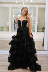 Straps Fuchsia Prom Dress Sequin Layered Formal Evening Dress with Split