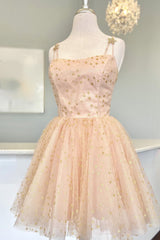 Straps Homecoming Dress Champagne A Line Tulle with Gold StarsShort Party Cocktail Dress