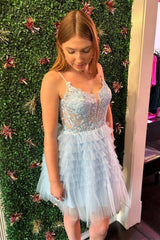 Straps Homecoming Dress Sky Blue Corset A Line Ruffle Short Party Cocktail Dress