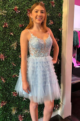 Straps Homecoming Dress Sky Blue Corset A Line Ruffle Short Party Cocktail Dress