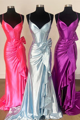 Straps Prom Dress V Neck Satin Mermaid Evening Dress with Bow